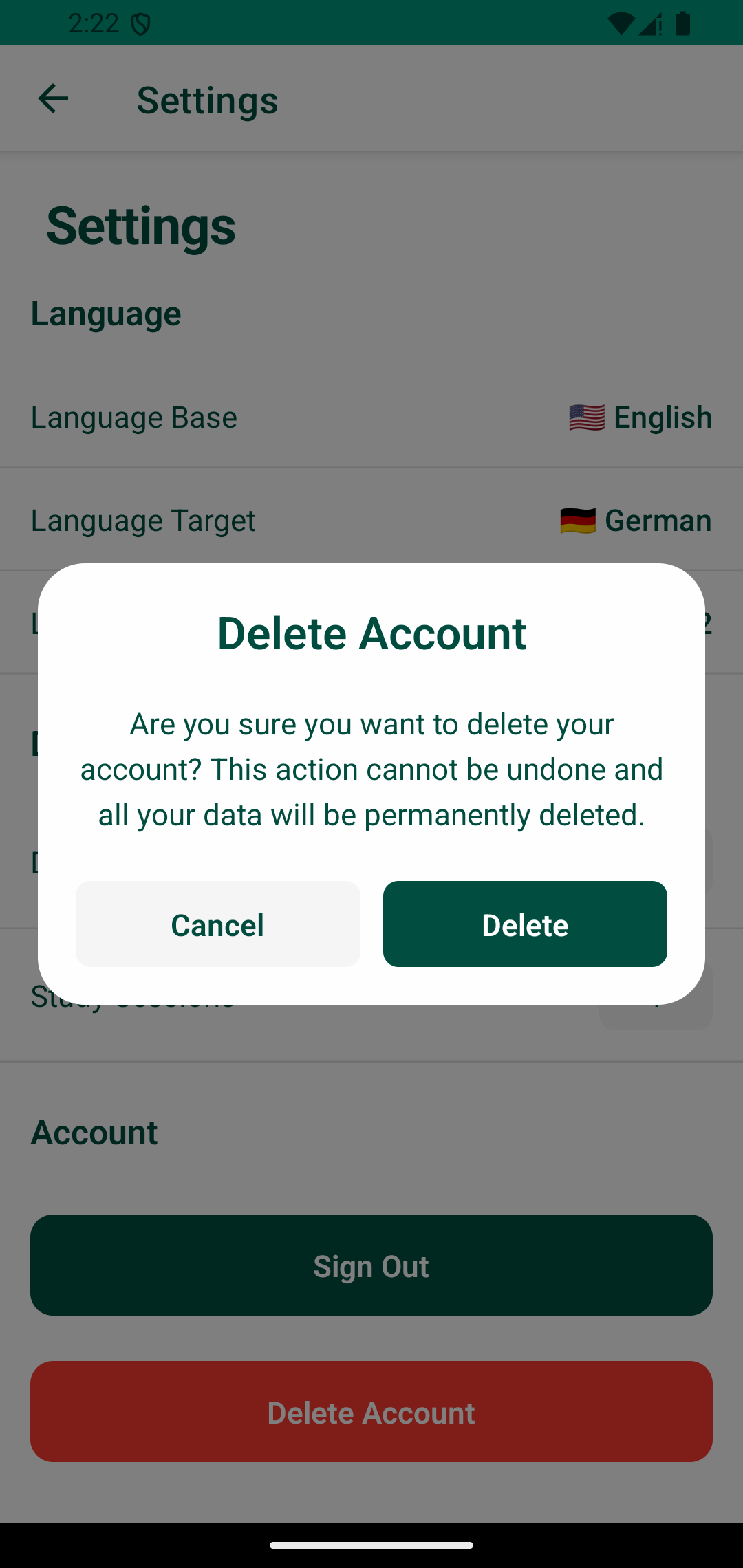 Delete Account Confirmation Screen